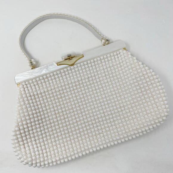 Vintage La Regale White Plastic Pearl Beaded Handbag Purse 60s Regency MCM - Picture 1 of 14